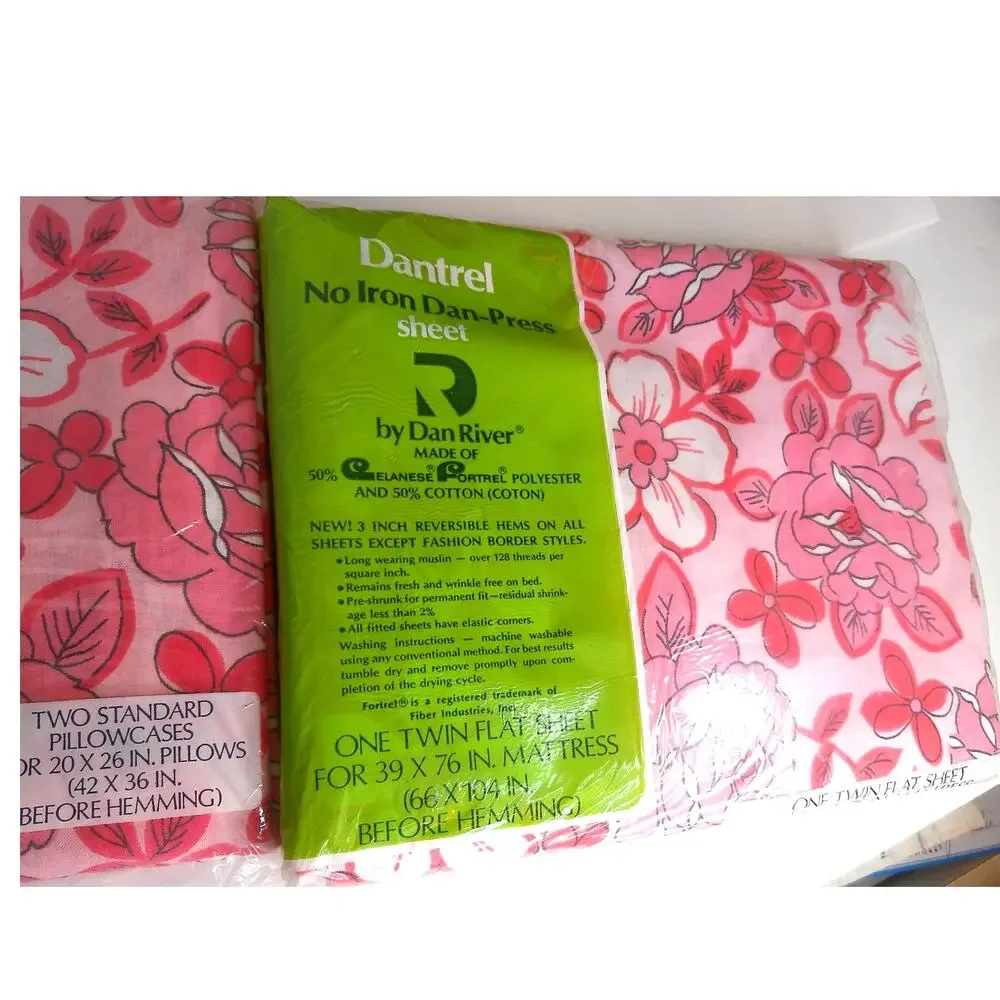 Vtg Dan River Dantrel Twin Flat Sheet 2 Pillowcases Set Pink Floral Retro NOS